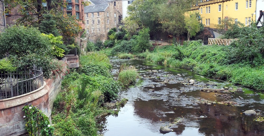 Dean Village greenery with river views in Edinburgh, Scotland 