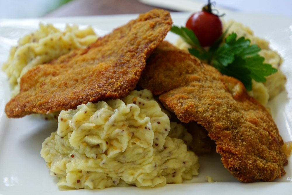 Delicious German schnitzel and mashed potatoes for dinner in Spreewald, Germany