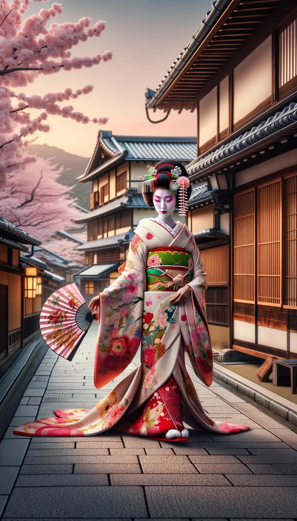 Depicting a Geisha in a traditional setting in Kyoto, Japan captures the essence of Japanese culture, showcasing the Geisha's elegance and the picturesque surroundings.
