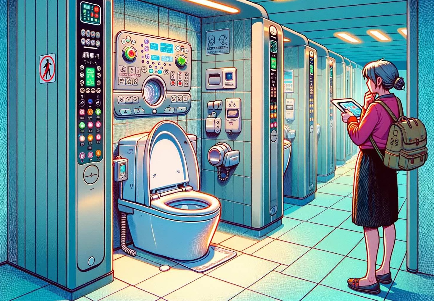Depicting a scene in a Japanese restroom with a high-tech toilet captures the sense of wonder and intrigue a newcomer might feel when encountering these advanced facilities for the first time. 