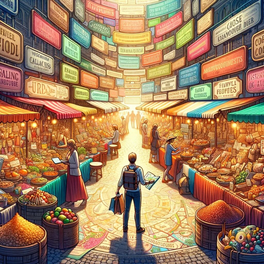 depicting a traveler navigating a vibrant marketplace, each stall representing a unique subcategory from a travel guide. This scene illustrates the richness and personalization that subcategories add to the travel experience, catering to the diverse tastes and needs of every traveler.