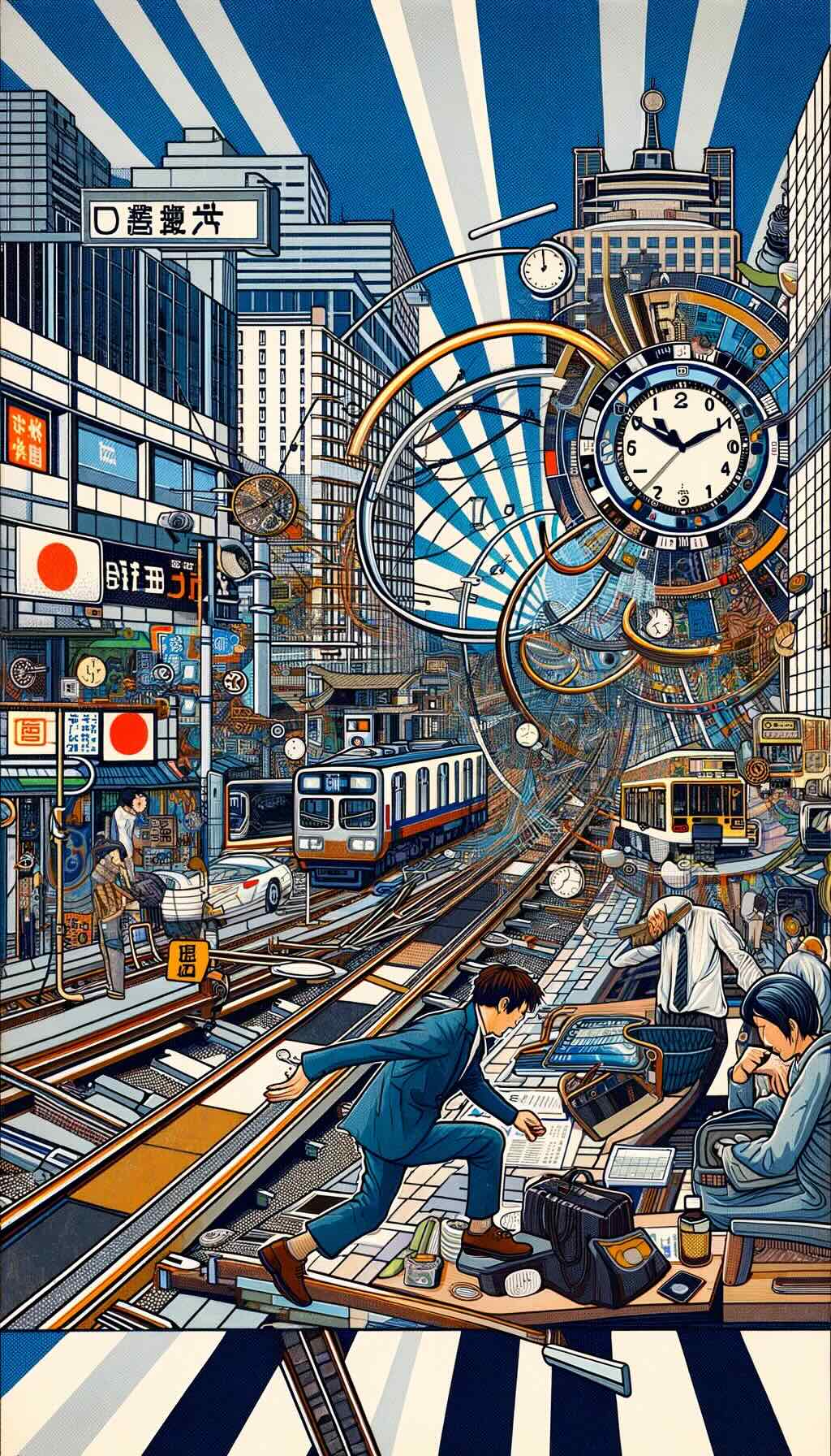 Depicting the concept of 'Navigating JST During Your Visit' to Japan illustrates a traveler adjusting to Japan Standard Time, showcasing the challenges and strategies of synchronizing with local time. It includes abstract representations of a traveler engaging in light activities, adjusting watches, and immersing in local routines against a backdrop of Japanese landmarks, public transportation, and bustling city life. The image also depicts the importance of punctuality and time-related cultural nuances in Japan, capturing the dynamic and multifaceted experience of aligning with JST during a visit to Japan