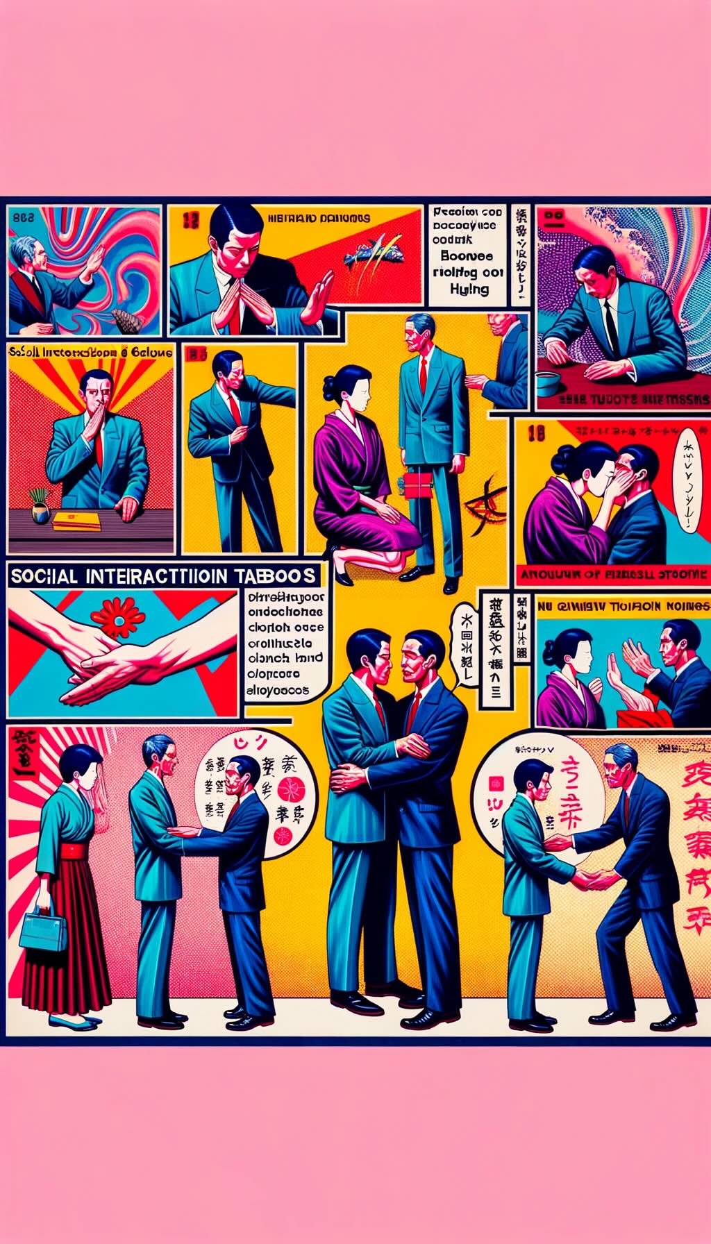 Depiction of social interaction taboos in Japan, capturing the nuances of physical contact, gestures, and verbal communication norms within the cultural context. Represent the subtleties and importance of respecting personal space and maintaining group harmony in social interactions in Japanese culture. The modern and abstract interpretation emphasizes the cultural significance of these social taboos.