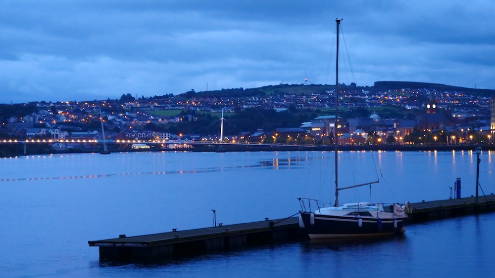 Derry sailboat at night in Northern Ireland 