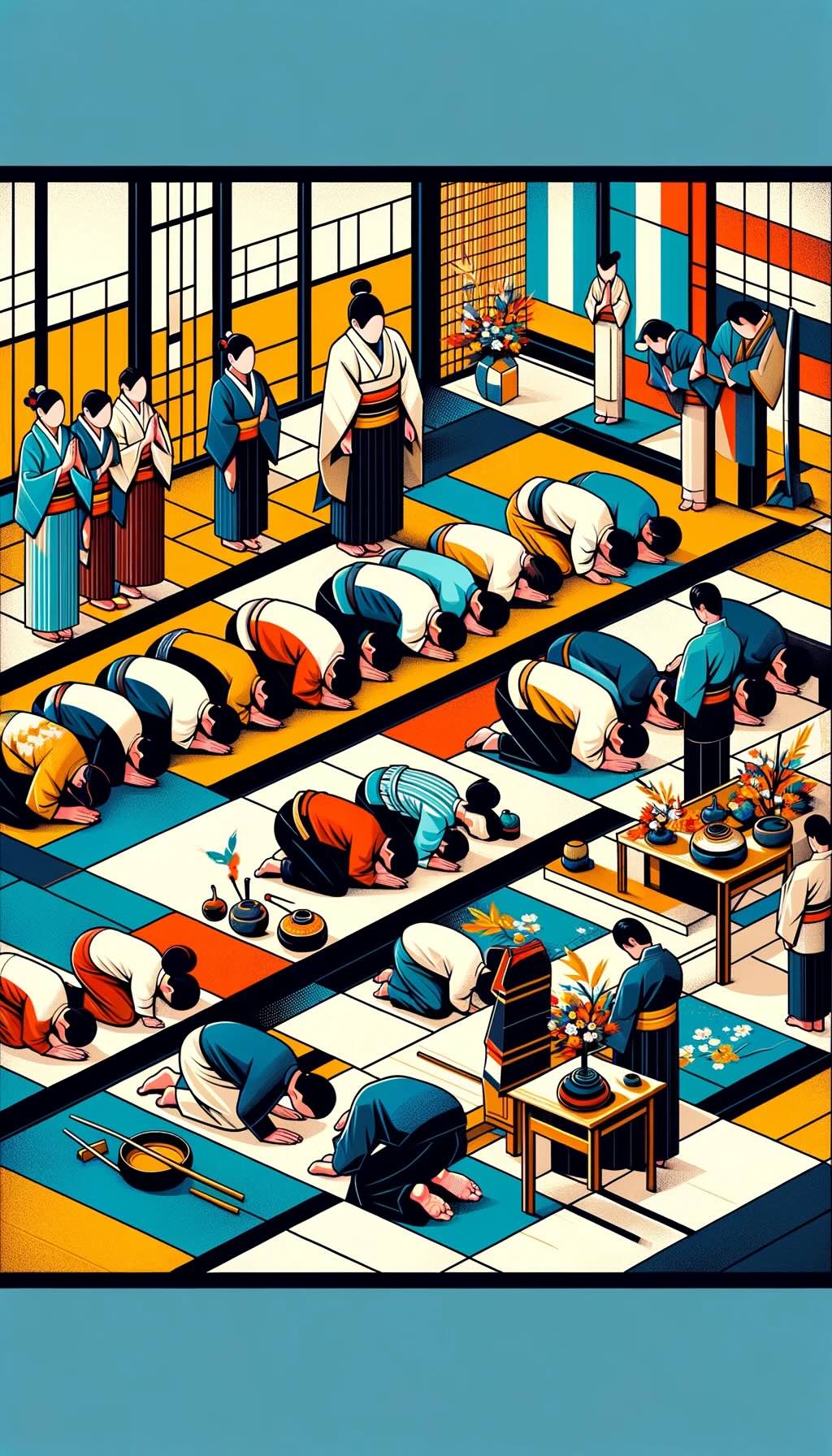Description of bowing in special circumstances in Japan: Japanese Tea Ceremony: This scene portrays participants bowing in a tea ceremony ('chanoyu' or 'sado'), capturing the essence of respect and harmony. The participants and tea utensils are illustrated with a focus on the profound cultural significance of the bows. Martial Arts Dojo: The image depicts practitioners in a martial arts dojo, illustrating the respect and gratitude embedded in the act of bowing upon entering and leaving the dojo, as well as in interactions with partners. Traditional Performances: Performers in traditional Japanese arts like Noh, Kabuki, and Bunraku are shown bowing to their audience, emphasizing the respect paid to the art form and the audience. Service Industries and Hospitality: This part of the image reflects the practice of bowing in Japan's service and hospitality sectors, symbolizing the warm welcome and gratitude expressed to guests in hotels, ryokans, and other service establishments. It highlights the cultural nuances and significance of bowing in these unique Japanese settings.