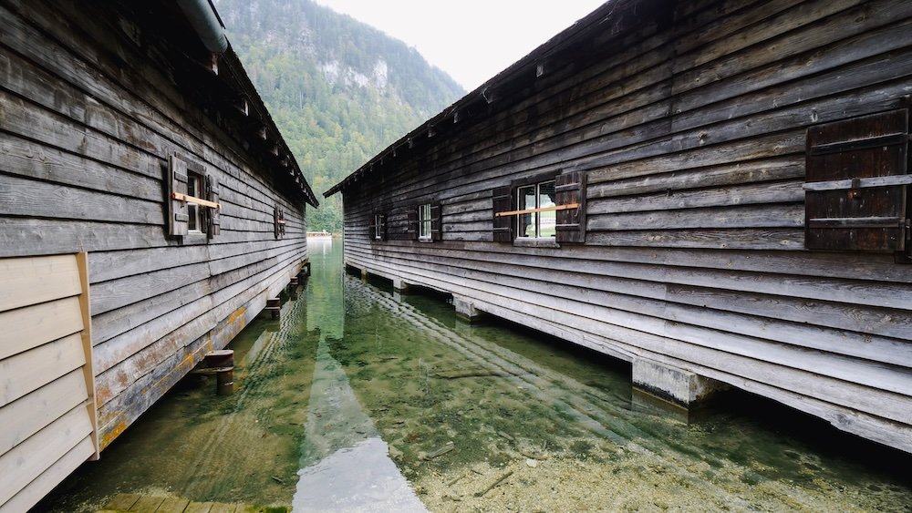 Distinct German stilt houses built on the lake in the German Alps 