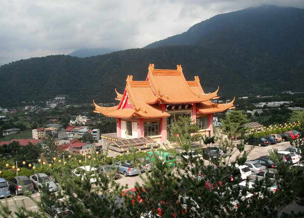 Distinct Temple in Puli, Taiwan with a scenic background