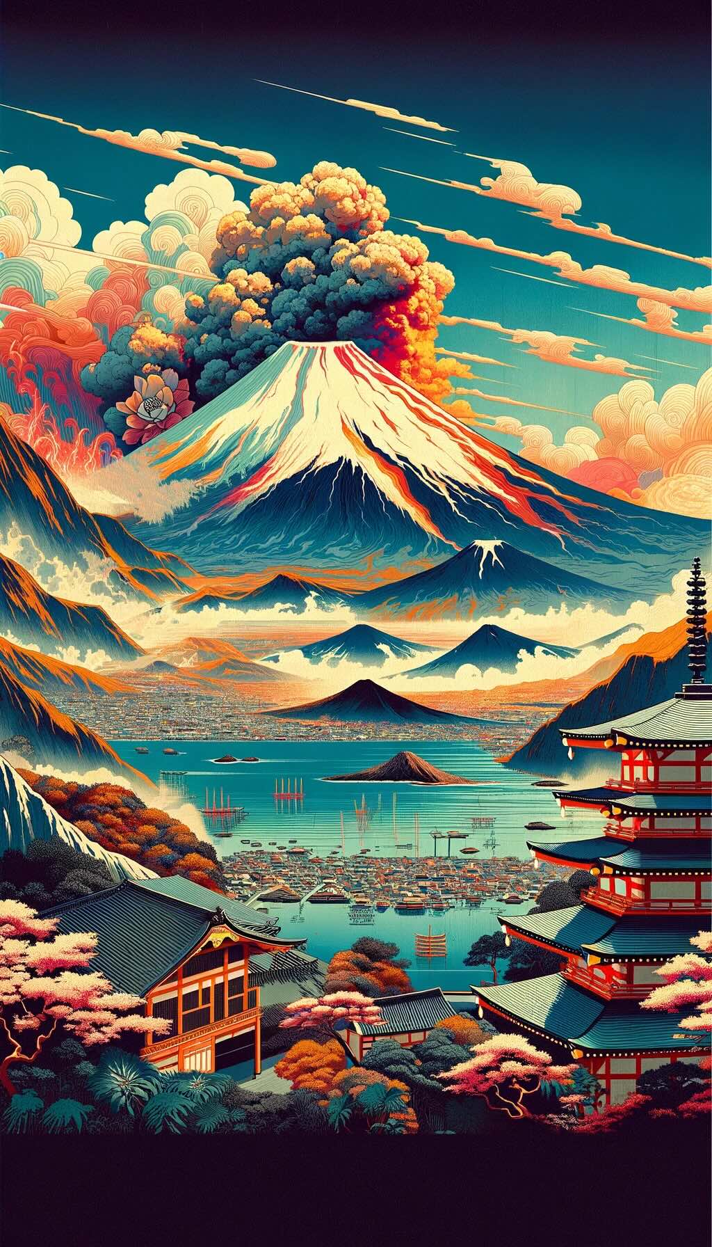 Diverse and dynamic volcanic geography of Japan blends modern and traditional art forms to depict iconic volcanoes like Mount Fuji, Mount Aso, and the caldera of Lake Tōya, showcasing a contrast between active and dormant volcanoes. It also incorporates historical significance and cultural ties, such as shrines and mythological references, capturing the beauty and cultural essence of Japan's volcanoes. 
