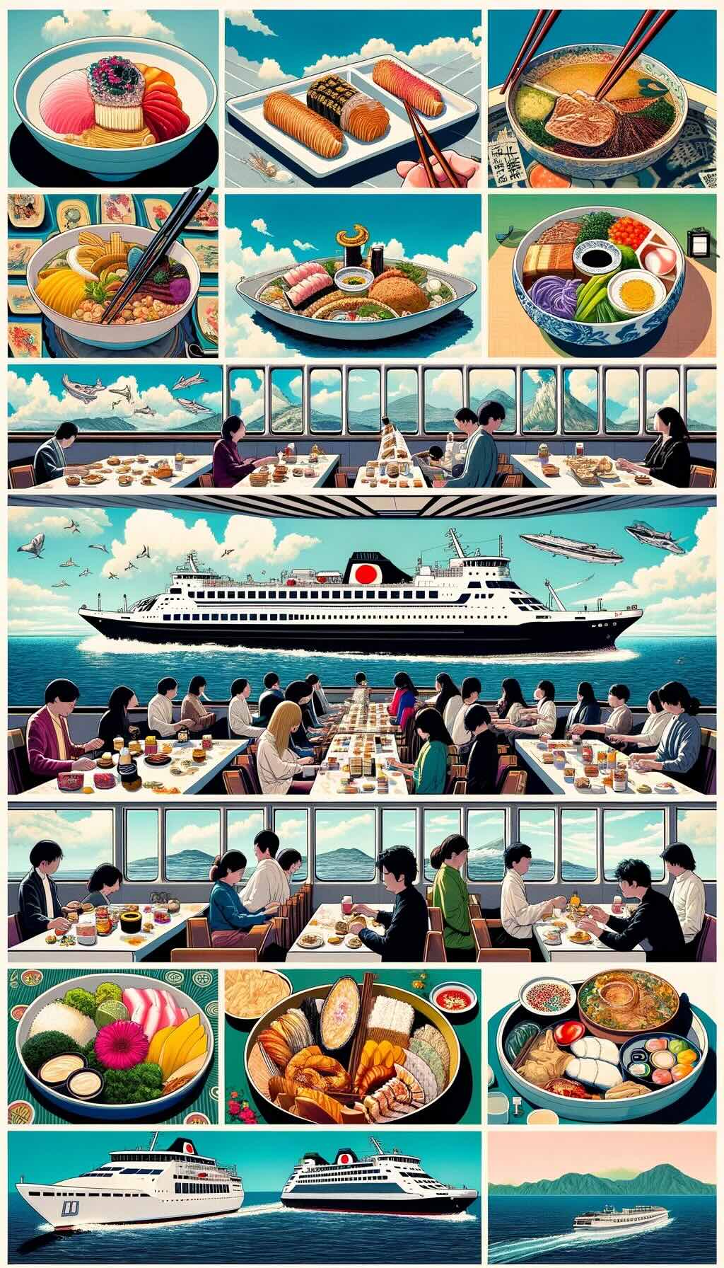 Diverse and enticing dining options available on Japanese ferries, showcasing the unique culinary journey travelers can experience while navigating the scenic waters of Japan. It illustrates a variety of dining scenarios, from casual snacks and bento boxes available at onboard cafés to more elegant dining areas where passengers can enjoy traditional Japanese cuisine like sushi, ramen, and tempura. The artwork conveys the pleasure of dining with a panoramic view of the sea, emphasizing the blend of convenience, tradition, and the unique experience of eating on the go in Japan highlighting the culinary diversity and the joy of dining with a view on a ferry journey. 