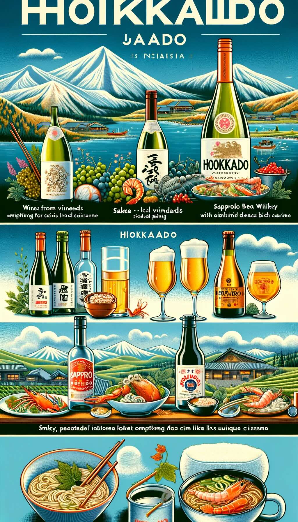 Diverse drinks palette of Hokkaido, Japan's northernmost island, and how they complement the island's unique cuisine captures the essence of Hokkaido's beverages in a setting that reflects its cooler climate and natural beauty