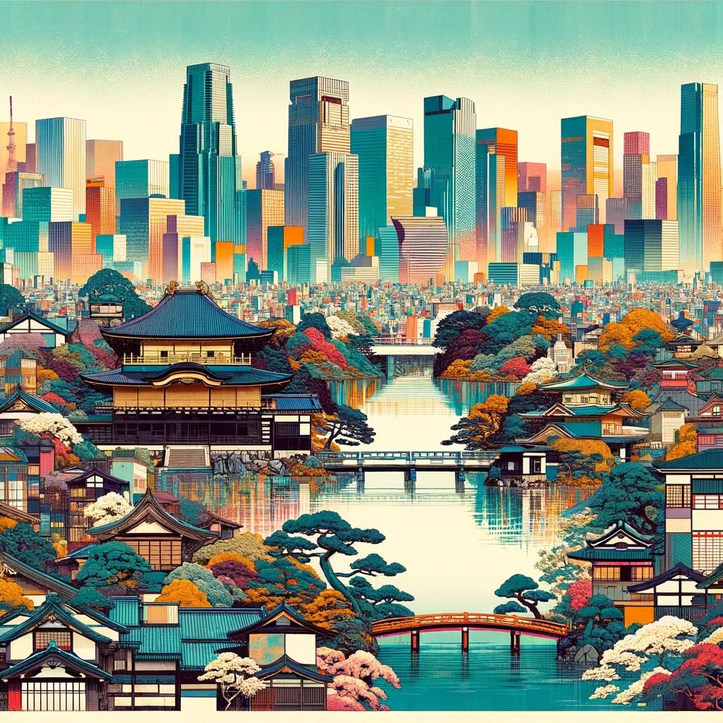 Diverse perspectives of Tokyo's skyline merges traditional Japanese elements with modern expressions, capturing the serene natural landscapes, historic aspects, and the vibrant energy of Tokyo's urban architecture.