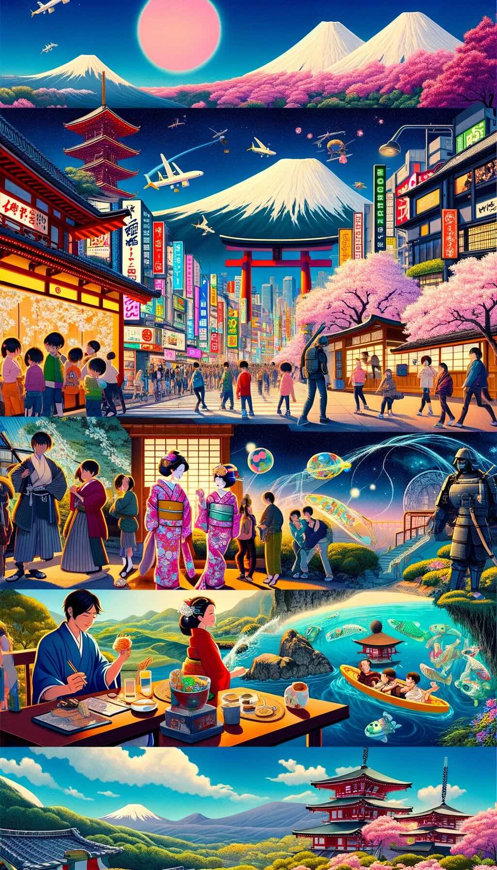 Diverse range of family-oriented activities available in Japan, from the vibrant streets of Tokyo to the tranquil beauty of Kyoto, and adventurous landscapes such as Mount Fuji and Okinawa's underwater caves. The scene is filled with life and color, reflecting the joy and variety of experiences that await visitors in Japan