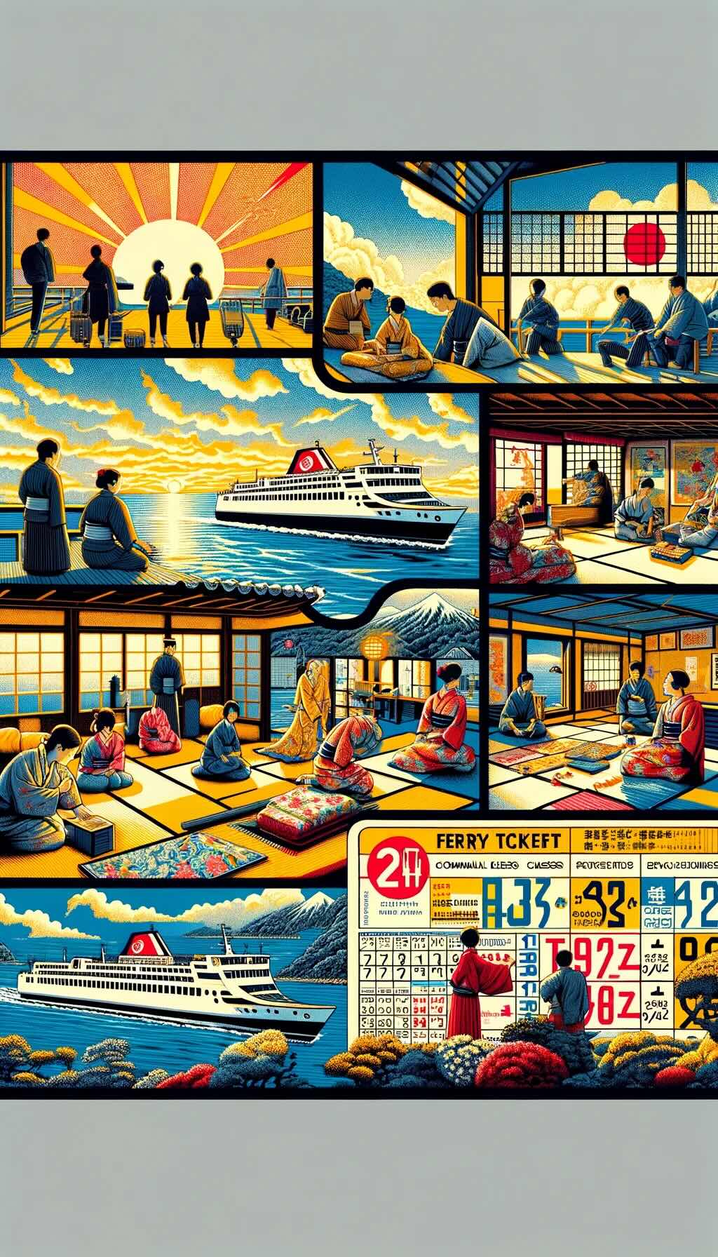 Diverse world of ferry ticketing in Japan, showcasing travelers making savvy choices for both savings and satisfaction. It depicts various ticket classes, from the economical deck class with communal areas to the more comfortable reserved seats and private cabins. The artwork highlights moments of travelers enjoying the authentic experience on tatami mats, the comfort of reserved seating, and the luxury of private cabins, all against the backdrop of scenic sea views. Visual cues for seasonal and time-based discounts, such as a calendar with marked off-peak times and a ferry ticket with a special promotion, are included. The artwork conveys the balance between affordability and comfort, showcasing how strategic planning and timing can lead to an enjoyable ferry journey without breaking the bank capture the essence of navigating ferry travel in Japan with economic savvy and an eye for the best deals. 