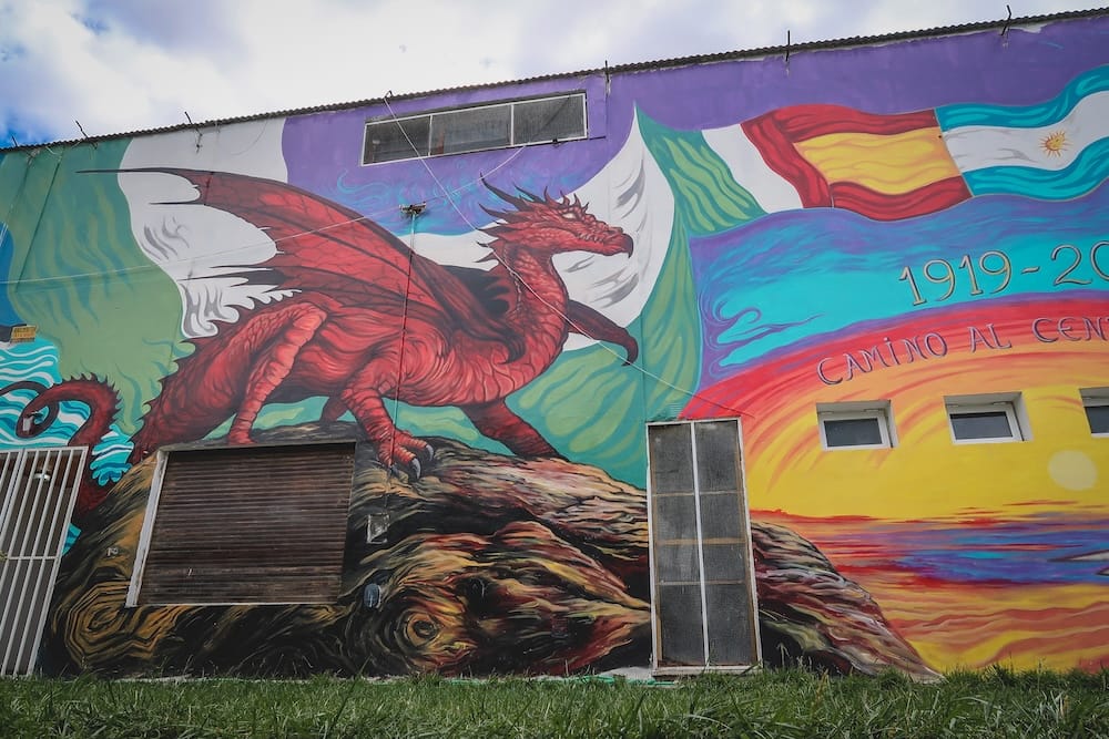 Welsh Dragon Mural, Historic Flour Mill — Dolavon, Chubut, Patagonia, Argentina | Centenary Street Art A colorful mural of a red Welsh dragon painted on the historic flour mill in Dolavon, Chubut, Argentine Patagonia, marking the town's 1919 centenary with Argentine and Welsh flag imagery.