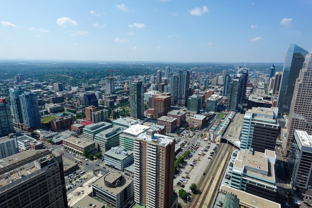 Downtown Calgary skyline from Calgary Tower, Alberta, Canada Downtown Calgary's skyline and surrounding neighborhoods seen from the Calgary Tower observation deck, one of the two paid attractions worth budgeting for in Calgary, Alberta, Canada.