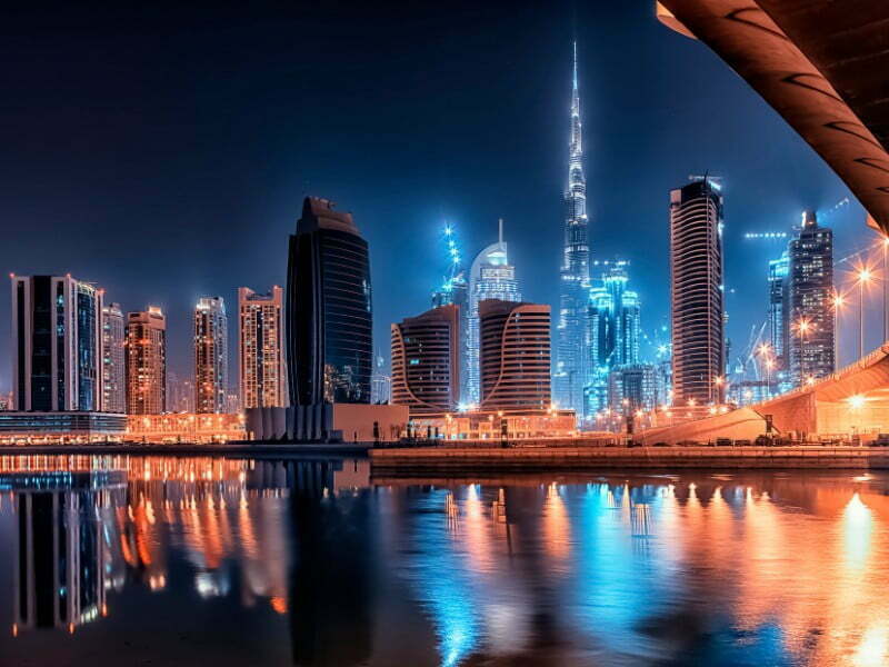 Dubai City At Night With Bridge and Architecture Views in the United Arab Emirates 