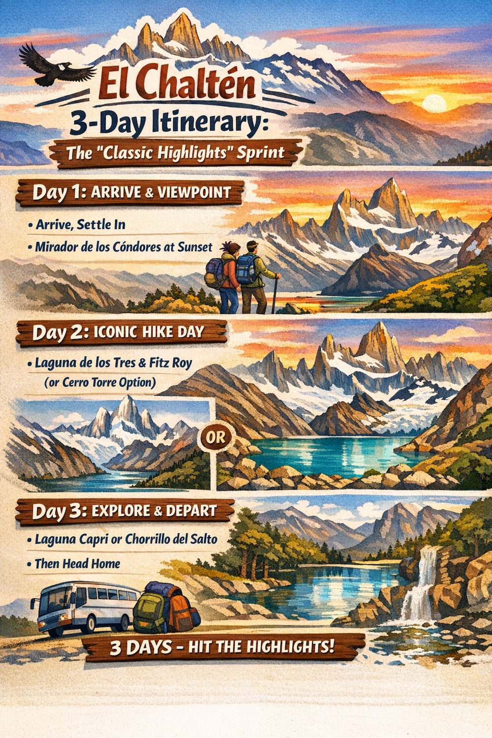 El Chaltén 3-day itinerary infographic showing a classic highlights sprint, with Day 1 arrival and Mirador de los Cóndores sunset, Day 2 iconic Fitz Roy or Cerro Torre hike, and Day 3 Laguna Capri or Chorrillo del Salto before departure.