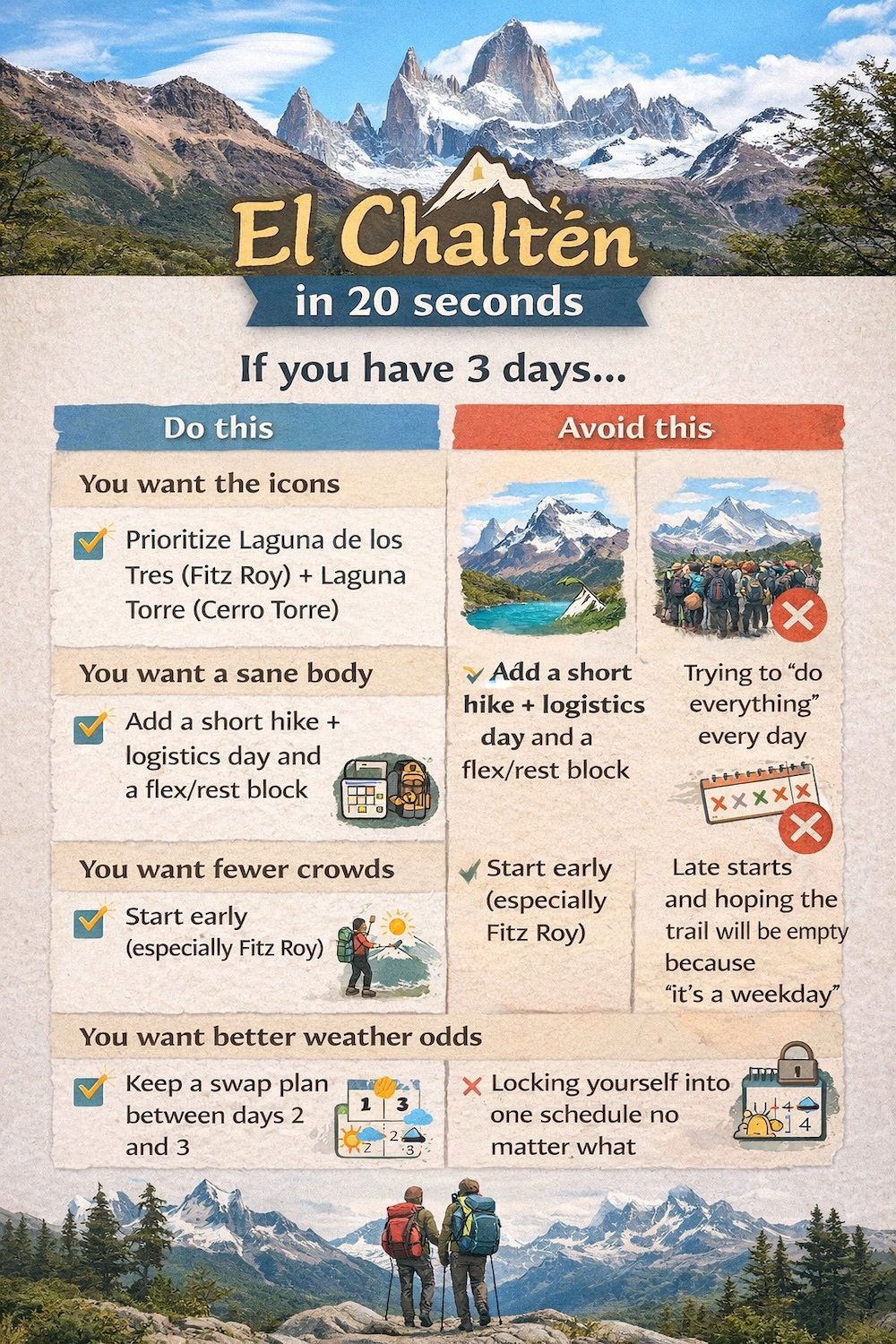 El Chaltén in 20 seconds infographic summarizing how to plan a 3-day trip, highlighting best hikes like Laguna de los Tres and Laguna Torre, smart start times, rest days, crowd avoidance, and flexible planning for Patagonia weather.

