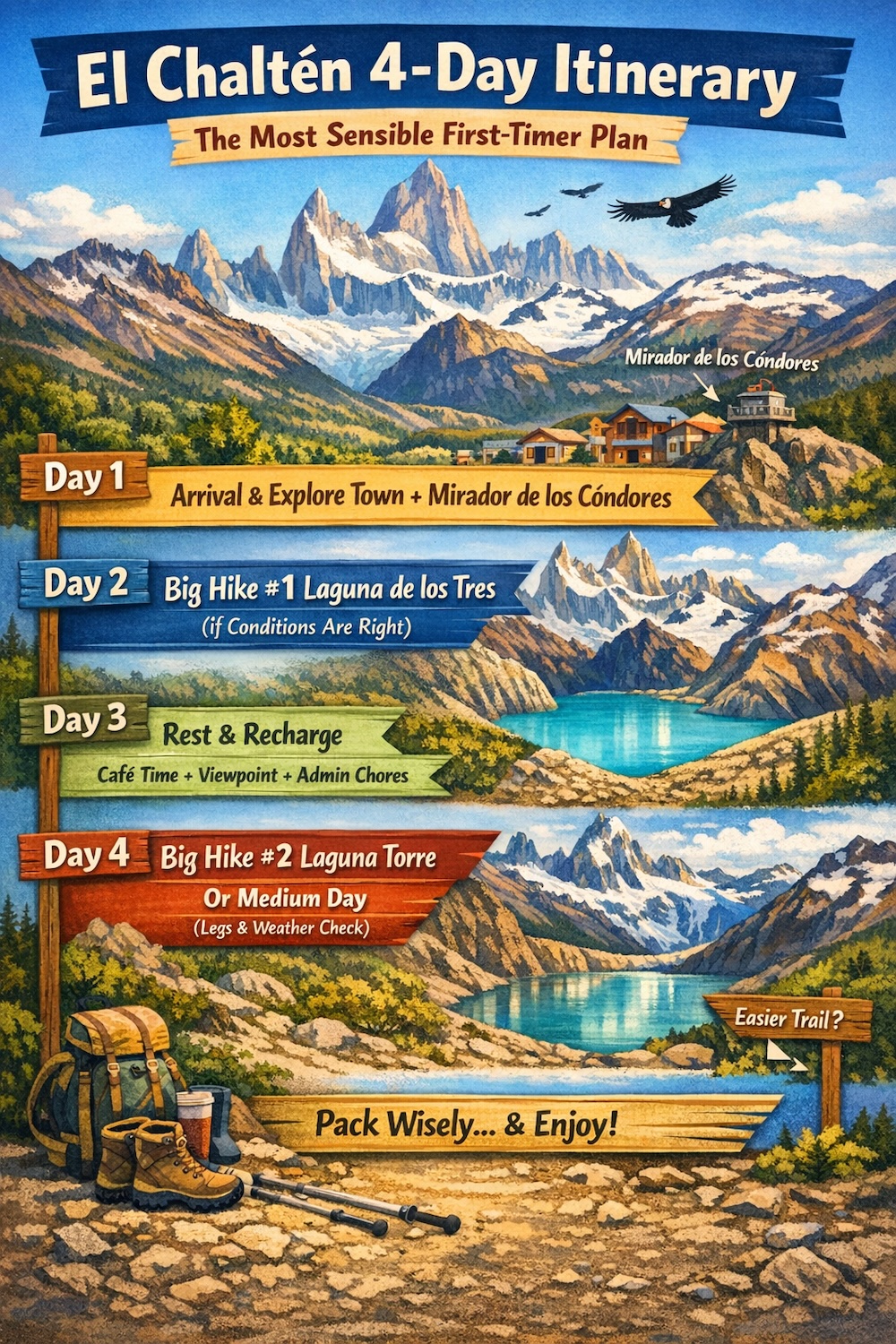 El Chaltén 4-day itinerary infographic showing a sensible first-timer hiking plan, with Day 1 arrival and Mirador de los Cóndores, Day 2 Laguna de los Tres, Day 3 rest and café day, and Day 4 Laguna Torre or medium hike options.