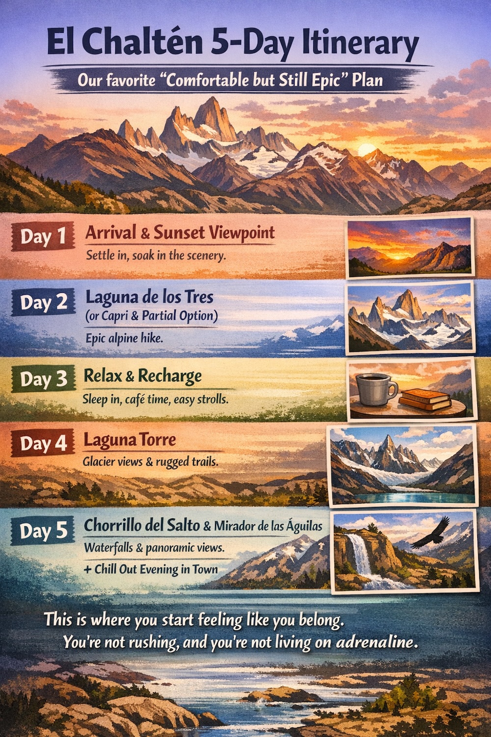 El Chaltén 5-day itinerary infographic showing a comfortable but still epic hiking plan, with Day 1 arrival and sunset viewpoint, Day 2 Laguna de los Tres or Capri, Day 3 rest day, Day 4 Laguna Torre, and Day 5 Chorrillo del Salto and Mirador de las Águilas.