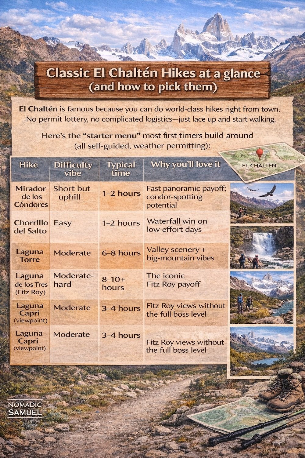El Chaltén, Argentina: Infographic overview of classic hikes from town, comparing difficulty, time required, and why each route shines—from Mirador de los Cóndores and Chorrillo del Salto to Laguna Torre, Laguna Capri, and the iconic Fitz Roy hike.
