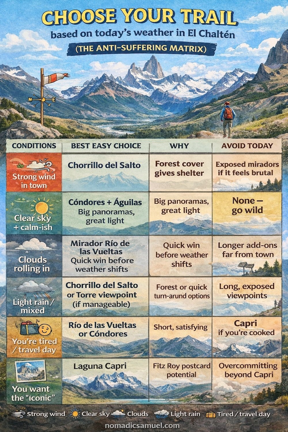 El Chaltén, Argentina hiking infographic showing how to choose easy trails based on daily weather conditions, matching wind, clouds, rain, or fatigue with the best short hikes and viewpoints to avoid unnecessary suffering in Patagonia.
