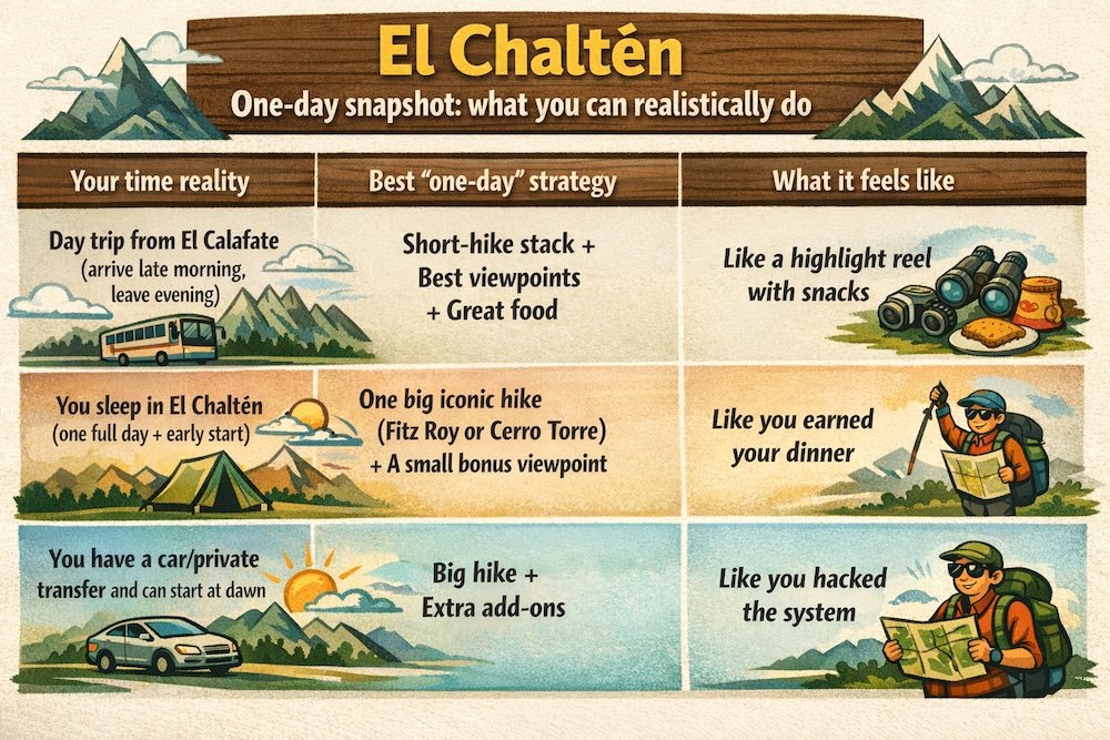 El Chaltén one-day snapshot infographic: realistic day trip vs overnight vs car-at-dawn plans Infographic on a 1-day El Chaltén, Argentina plan: day trip from El Calafate (short-hike stack + viewpoints + food), overnight stay (one iconic hike + bonus view), or car start at dawn (big hike + extra add-ons).