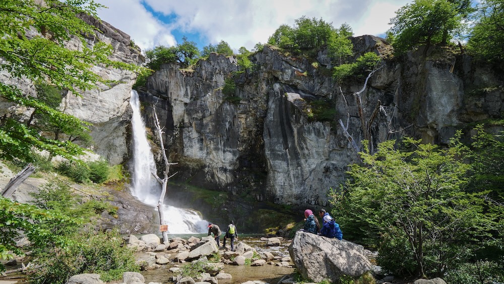 El Chaltén Patagonia Chorrillo del Salto waterfall cascading down a rocky cliff in Los Glaciares National Park, a popular easy hike and scenic stop for travelers looking for a short walk rather than a full-day trek.