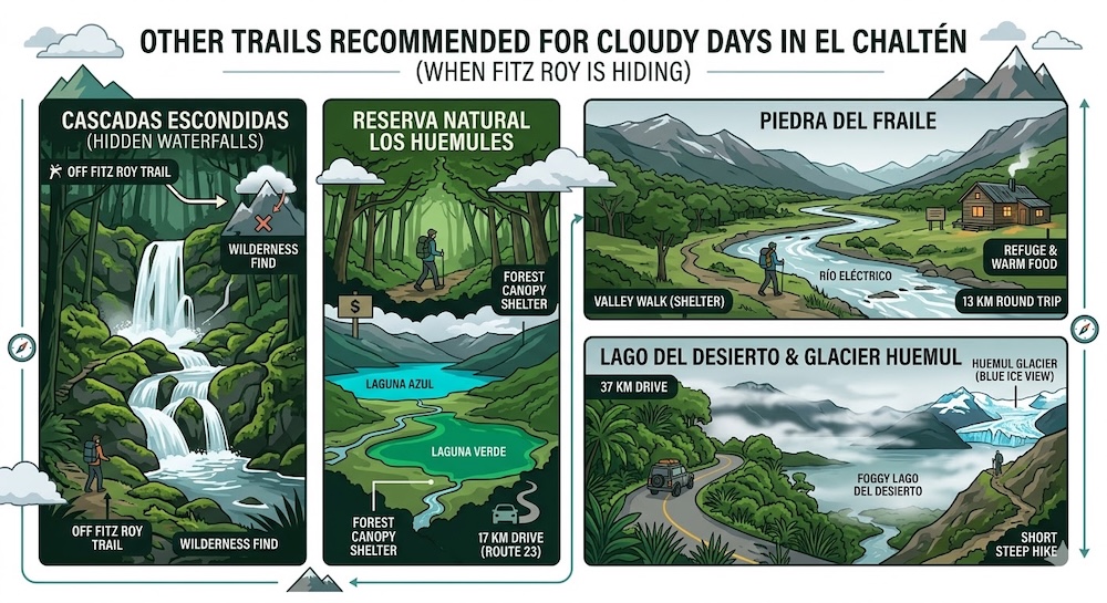 El Chaltén Patagonia hiking infographic highlighting alternative trails for cloudy days including Cascadas Escondidas, Reserva Natural Los Huemules, Piedra del Fraile, and Lago del Desierto with Huemul Glacier inside Los Glaciares National Park.