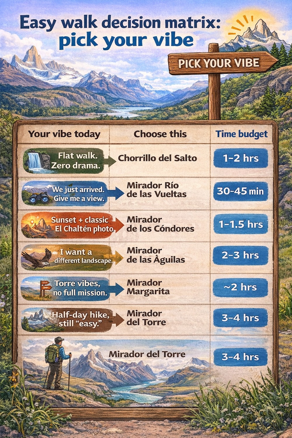 El Chaltén easy walk decision matrix infographic showing how to choose short, scenic hikes based on your mood, time budget, and effort level, including Chorrillo del Salto, Mirador de los Cóndores, Águilas, Margarita, and Mirador del Torre.