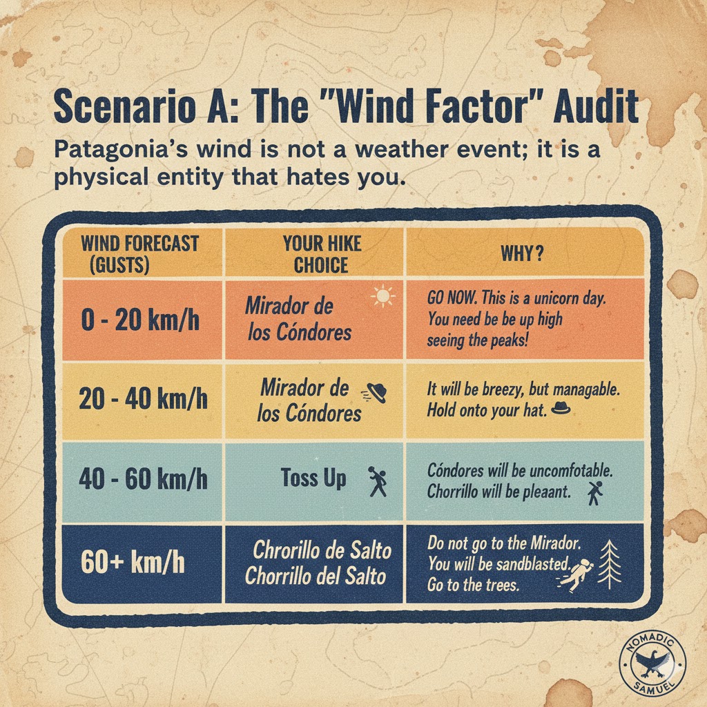 A detailed retro-style infographic titled "Scenario A: The Wind Factor Audit" comparing El Chaltén easy hikes based on wind speeds. The graphic shows recommendations for Mirador de los Cóndores during low wind and Chorrillo del Salto during high wind gusts over 60 km/h to avoid being sandblasted.