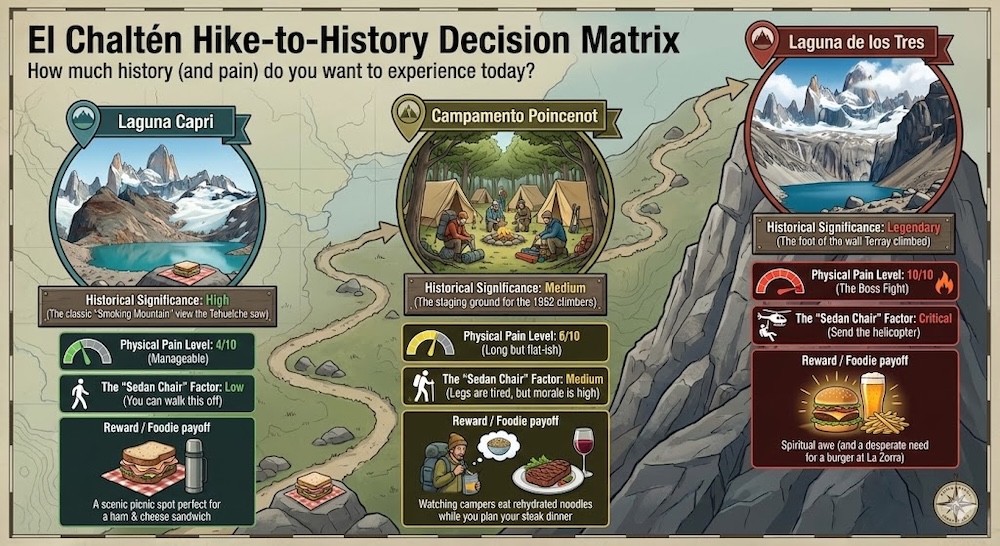 Infographic of the El Chaltén Hike-to-History Decision Matrix comparing Laguna Capri, Campamento Poincenot, and Laguna de los Tres by historical significance, physical pain level, and foodie rewards.