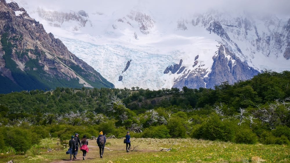 Hikers approaching a glacier viewpoint near El Chaltén in Santa Cruz, Patagonia, Argentina Four hikers walk across open grassland toward a dramatic glacier and snow-covered mountains near El Chaltén, with forest, rocky peaks and low cloud in Santa Cruz, Patagonia, Argentina.