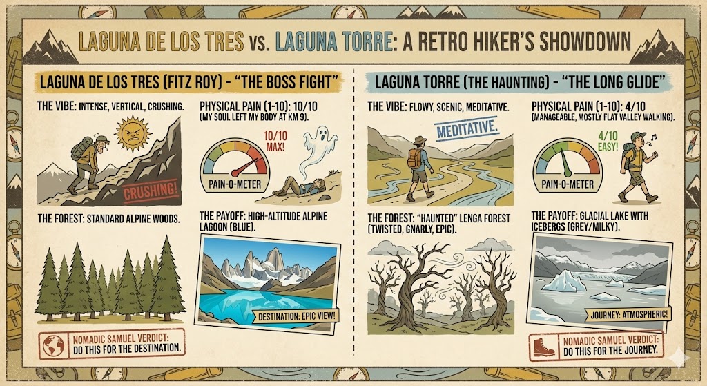 Retro-style comparison infographic of El Chaltén's top two hikes: Laguna de los Tres (Fitz Roy) vs Laguna Torre. Comparing physical pain levels, forest types, and rewards for hikers.