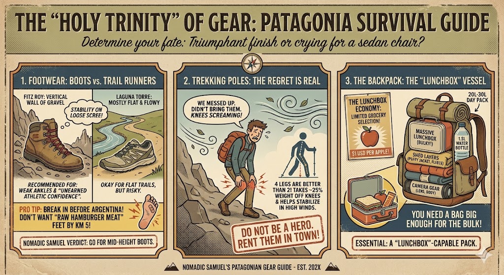 A retro-style infographic titled 'The Holy Trinity of Gear' for Patagonia trekking. It compares hiking boots vs. trail runners, emphasizes the importance of trekking poles for knee protection, and explains the need for a 20L-30L backpack for the 'lunchbox economy'.