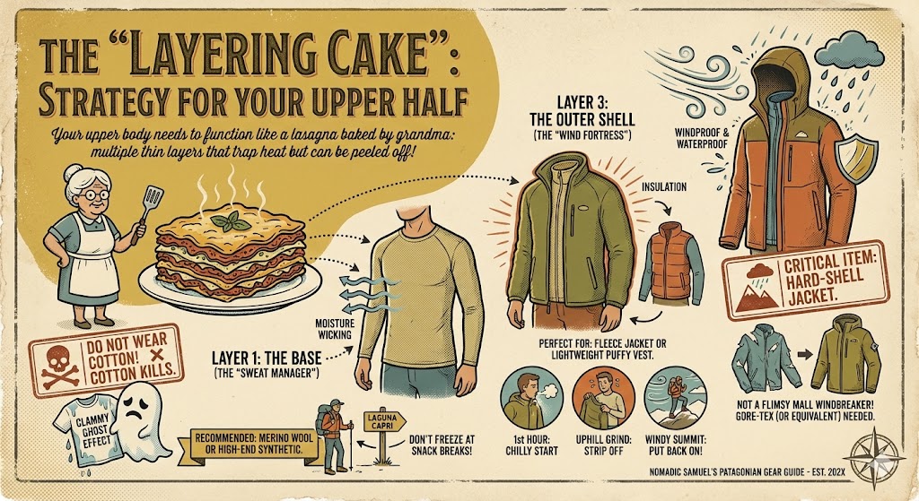 A retro-style infographic titled 'The Layering Cake' explaining the upper-body clothing strategy for Patagonia. It features three layers: a moisture-wicking base, an insulating mid-layer, and a waterproof hard-shell outer layer.