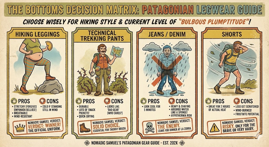 A retro-style infographic titled 'The Bottoms Decision Matrix' comparing legwear for Patagonia trekking. It lists pros and cons for hiking leggings, technical trekking pants, jeans, and shorts based on hiking style and 'bulbous plumptitude'.