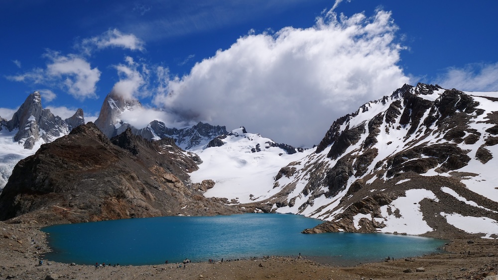 Laguna de los Tres glacier lake viewpoint beneath Mount Fitz Roy in El Chaltén Patagonia El Chaltén Patagonia Laguna de los Tres glacier lake beneath Mount Fitz Roy in Los Glaciares National Park, the dramatic payoff viewpoint reached after the steep final ascent on one of Patagonia’s most famous and demanding hiking trails.