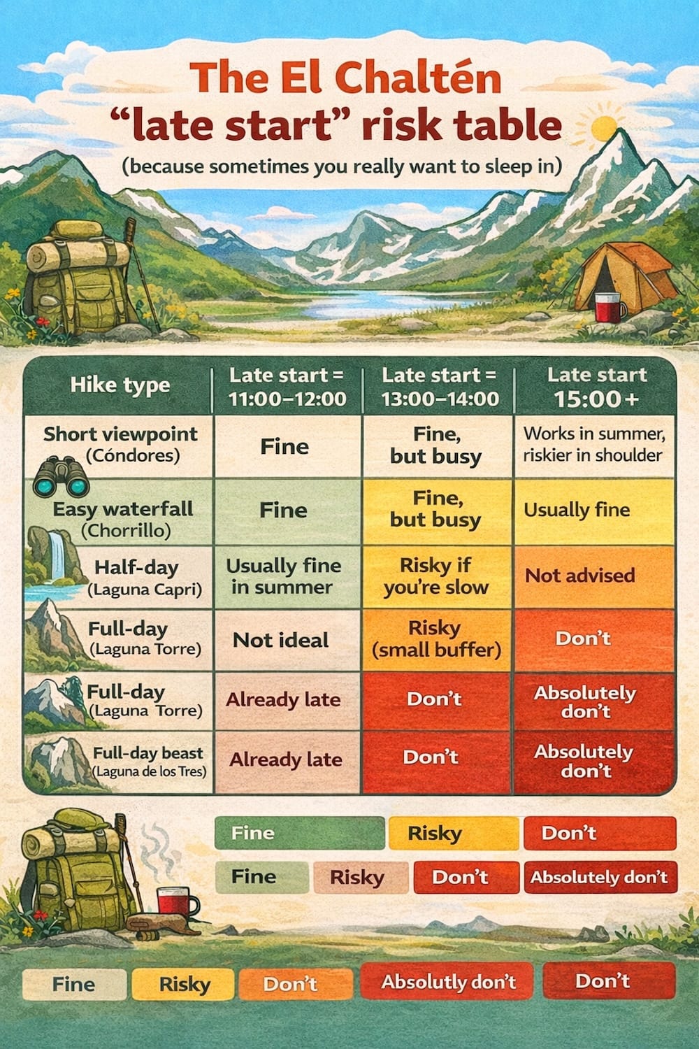 El Chaltén, Patagonia, Argentina late-start risk table infographic showing which hikes are fine, risky, or “don’t” at start times of 11:00–12:00, 13:00–14:00, and 15:00+—including Cóndores, Chorrillo, Laguna Capri, Laguna Torre, and Laguna de los Tres.
