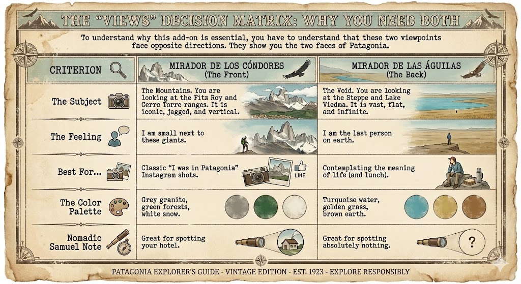 Why You Need To Do Both Cóndores and Águilas Miradors A retro-style infographic titled 'The Views Decision Matrix: Why You Need Both' comparing Mirador de los Cóndores and Mirador de las Águilas in El Chaltén. It contrasts the 'Front' view of jagged mountains with the 'Back' view of the vast Patagonian steppe and Lake Viedma.