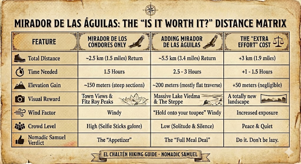 Mirador de Las Águilas: Is It Worth It Infographic A retro-style infographic titled 'Mirador de las Águilas: The Is It Worth It? Distance Matrix'. It compares the base Cóndores hike with the Águilas add-on, evaluating distance, time, wind factors, and visual rewards like Lake Viedma and the Patagonian steppe.