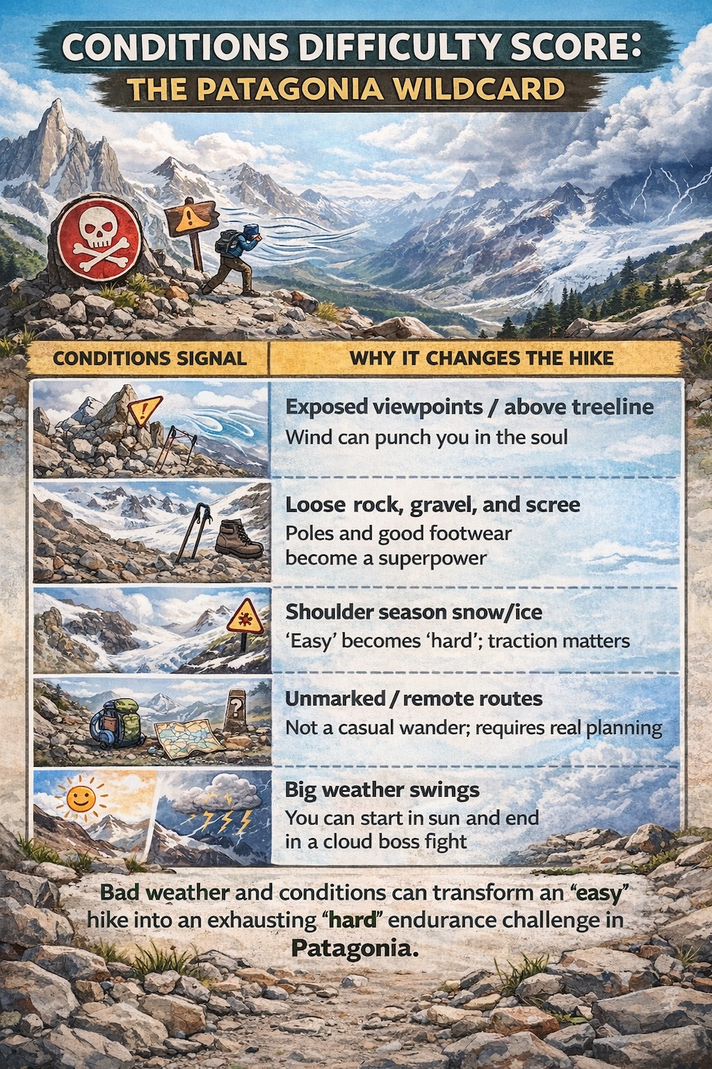 El Chaltén, Patagonia, Argentina infographic showing the conditions difficulty score, including wind, scree, snow, remote routes, and weather swings, explaining how trail conditions change easy, moderate, and hard hiking effort