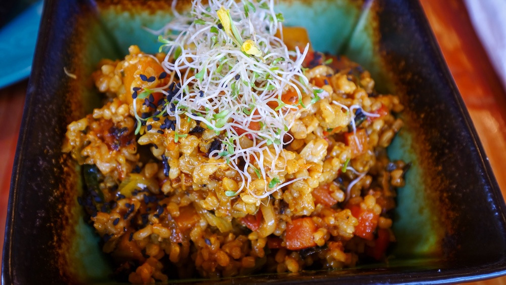 Healthy vegetarian grain bowl at Cúrcuma in El Chaltén El Chaltén, Patagonia, Argentina — a close-up macro view of Cúrcuma’s colorful healthy grain bowl topped with fresh sprouts and vegetables, a nourishing vegetarian meal option for hikers refueling after Patagonian trail adventures.