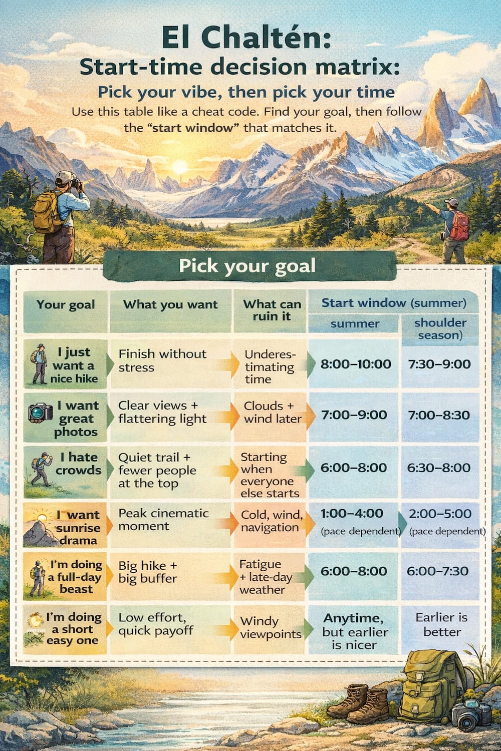 El Chaltén start-time decision matrix infographic showing how to choose hiking start windows by goal—photos, crowds, sunrise, full-day hikes—with recommended times for summer vs shoulder season in Patagonia, Argentina.