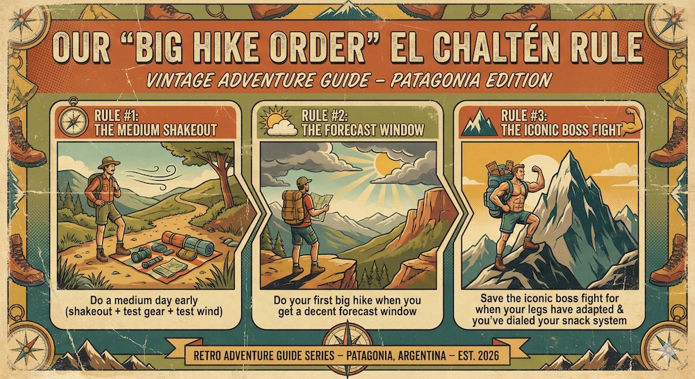El Chaltén Patagonia big hike order planning rule infographic El Chaltén, Patagonia big hike order infographic in vintage adventure guide style showing three rules for planning hikes: medium shakeout day, forecast window big hike, and saving the iconic boss fight for when legs are ready.
