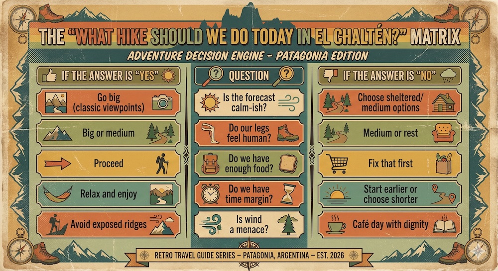 El Chaltén Patagonia what hike should we do today decision matrix infographic El Chaltén, Patagonia hiking decision-matrix infographic by Nomadic Samuel showing a step-by-step question system to choose the best trail each day based on weather, leg condition, food supply, time margin, and wind.
