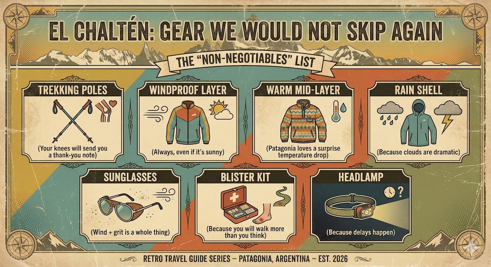 El Chaltén Patagonia hiking gear non-negotiables packing list infographic El Chaltén, Patagonia gear non-negotiables infographic by Nomadic Samuel showing trekking poles, windproof layer, warm mid-layer, rain shell, sunglasses, blister kit, and headlamp for hiking preparedness.