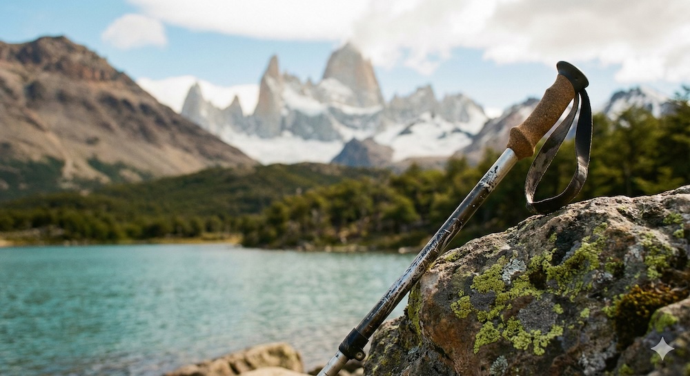 El Chaltén Patagonia Argentina close-up trekking pole resting on rock at Laguna Capri, shallow depth of field with Fitz Roy massif blurred in background, highlighting hiking gear against iconic mountain scenery