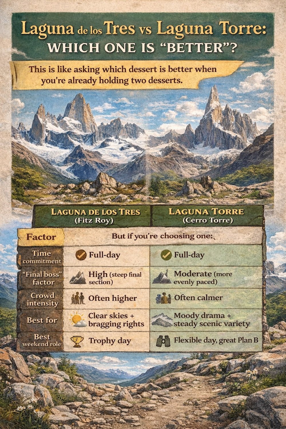 El Chaltén, Patagonia infographic comparing Laguna de los Tres and Laguna Torre hikes, breaking down time commitment, difficulty, crowds, and scenery to help hikers decide which iconic Patagonian trek best fits their weekend plans.
