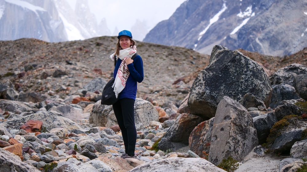 El Chaltén Patagonia Audrey Bergner hiking the rocky moraine near Laguna Torre glacier lagoon El Chaltén Patagonia Audrey Bergner hiking across the rocky moraine landscape near Laguna Torre in Los Glaciares National Park, surrounded by glacial debris and rugged peaks on the final approach to the famous glacier lagoon.